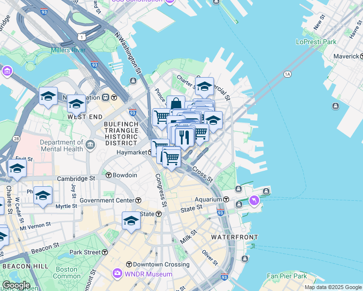 map of restaurants, bars, coffee shops, grocery stores, and more near in Boston