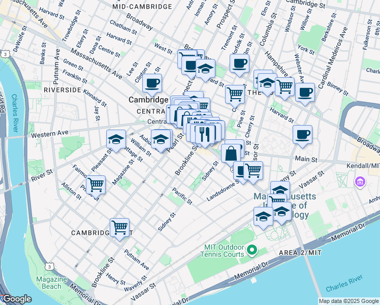 map of restaurants, bars, coffee shops, grocery stores, and more near 129 Franklin Street in Cambridge
