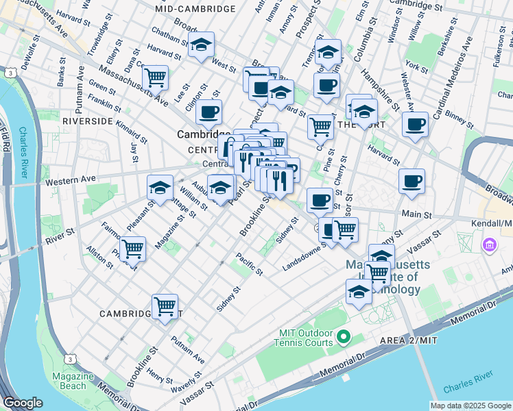 map of restaurants, bars, coffee shops, grocery stores, and more near 172 Franklin Street in Cambridge