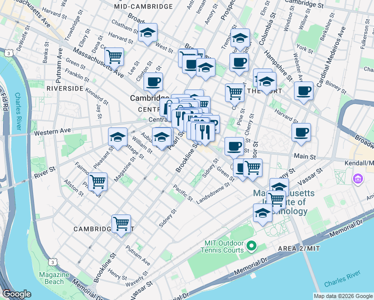 map of restaurants, bars, coffee shops, grocery stores, and more near 172 Franklin Street in Cambridge