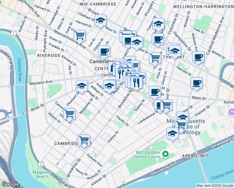 map of restaurants, bars, coffee shops, grocery stores, and more near 172 Franklin Street in Cambridge