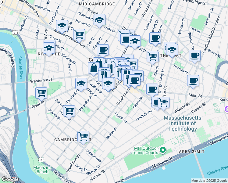 map of restaurants, bars, coffee shops, grocery stores, and more near 71 Pearl Street in Cambridge