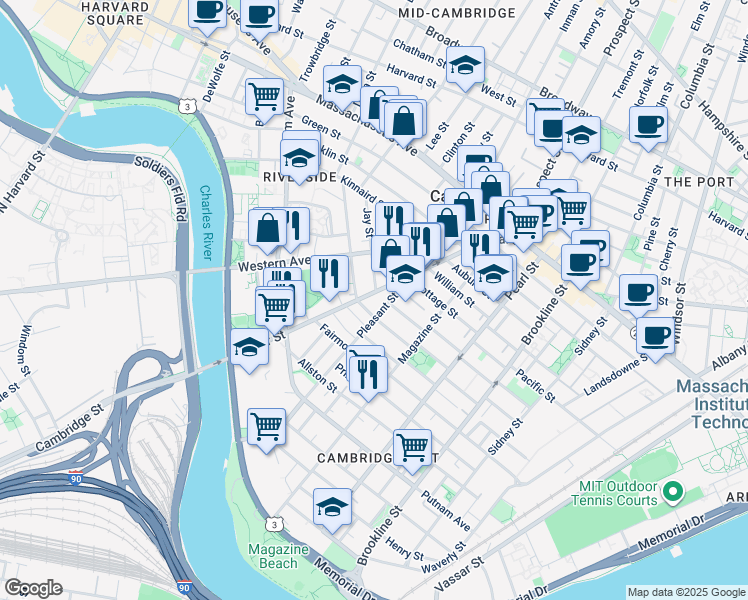 map of restaurants, bars, coffee shops, grocery stores, and more near 17 Laurel Street in Cambridge