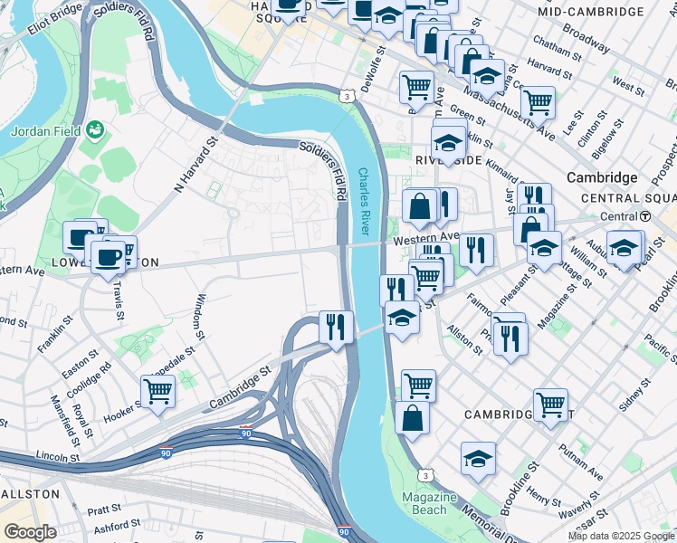 map of restaurants, bars, coffee shops, grocery stores, and more near 10 Soldiers Field Road in Boston