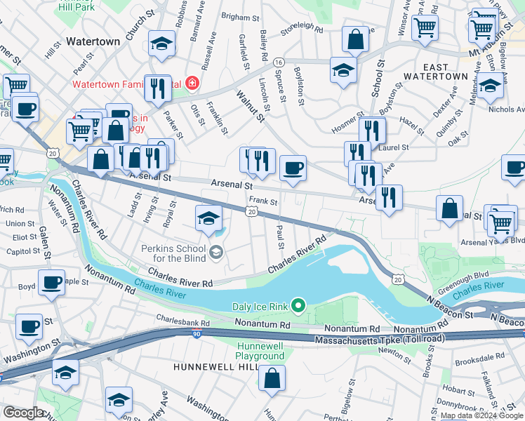map of restaurants, bars, coffee shops, grocery stores, and more near 231 North Beacon Street in Watertown