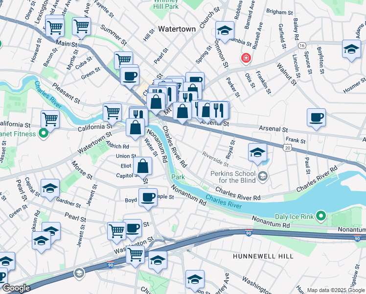 map of restaurants, bars, coffee shops, grocery stores, and more near 18 Wheeler Lane in Watertown