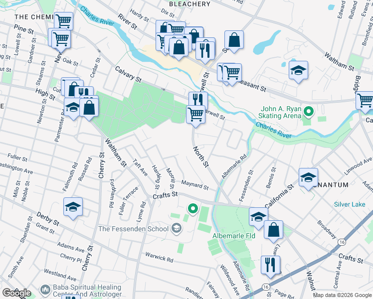 map of restaurants, bars, coffee shops, grocery stores, and more near 31 Pratt Drive in Newton