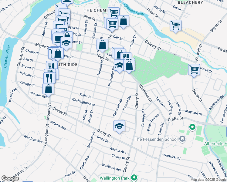 map of restaurants, bars, coffee shops, grocery stores, and more near 37 Cambria Road in Waltham