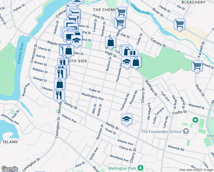 map of restaurants, bars, coffee shops, grocery stores, and more near 249 Robbins Street in Waltham