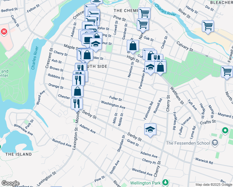 map of restaurants, bars, coffee shops, grocery stores, and more near 48 Fuller Street in Waltham