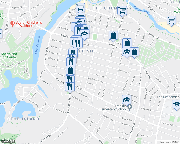map of restaurants, bars, coffee shops, grocery stores, and more near 20 Fuller Street in Waltham