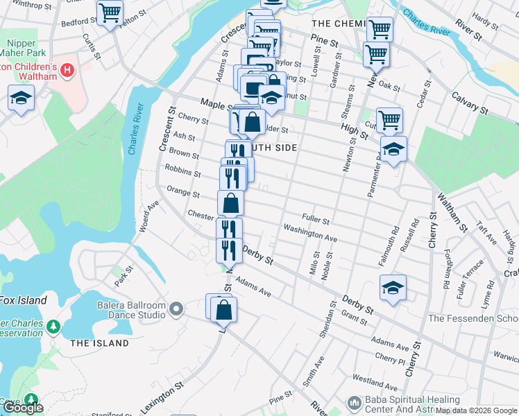 map of restaurants, bars, coffee shops, grocery stores, and more near 16 Washington Avenue in Waltham