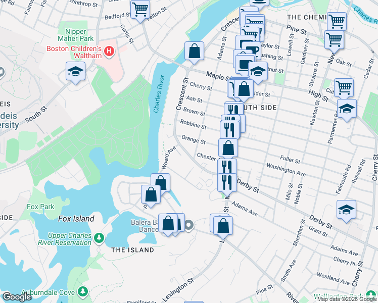 map of restaurants, bars, coffee shops, grocery stores, and more near 334 Crescent Street in Waltham