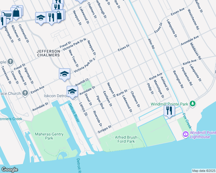 map of restaurants, bars, coffee shops, grocery stores, and more near 349 Newport Street in Detroit