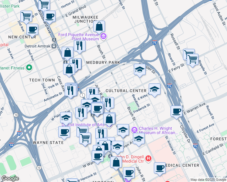 map of restaurants, bars, coffee shops, grocery stores, and more near 272 East Palmer Street in Detroit