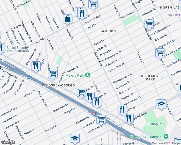 map of restaurants, bars, coffee shops, grocery stores, and more near 3799 West Euclid Street in Detroit