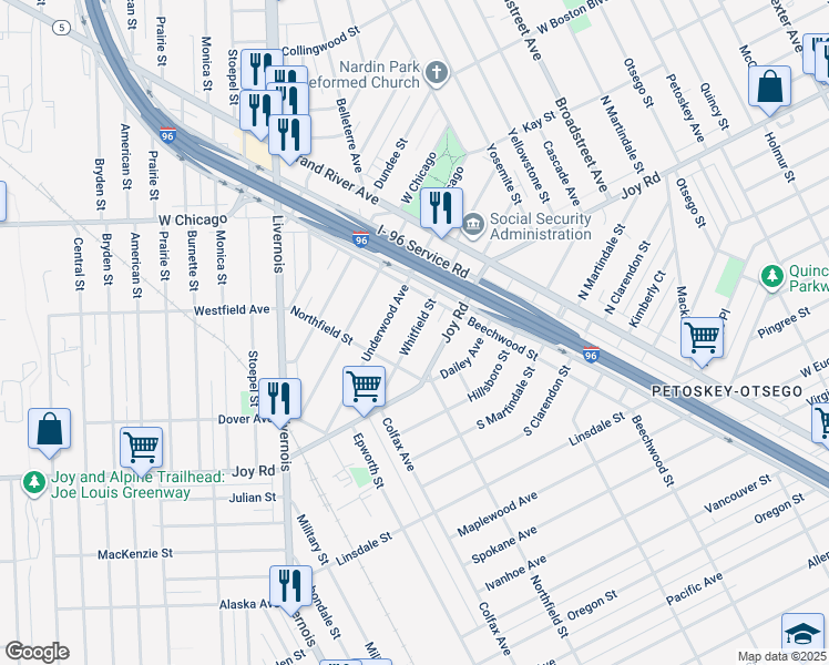 map of restaurants, bars, coffee shops, grocery stores, and more near 5085 Whitfield Street in Detroit
