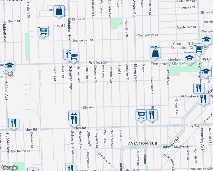 map of restaurants, bars, coffee shops, grocery stores, and more near 9251 Sorrento Avenue in Detroit