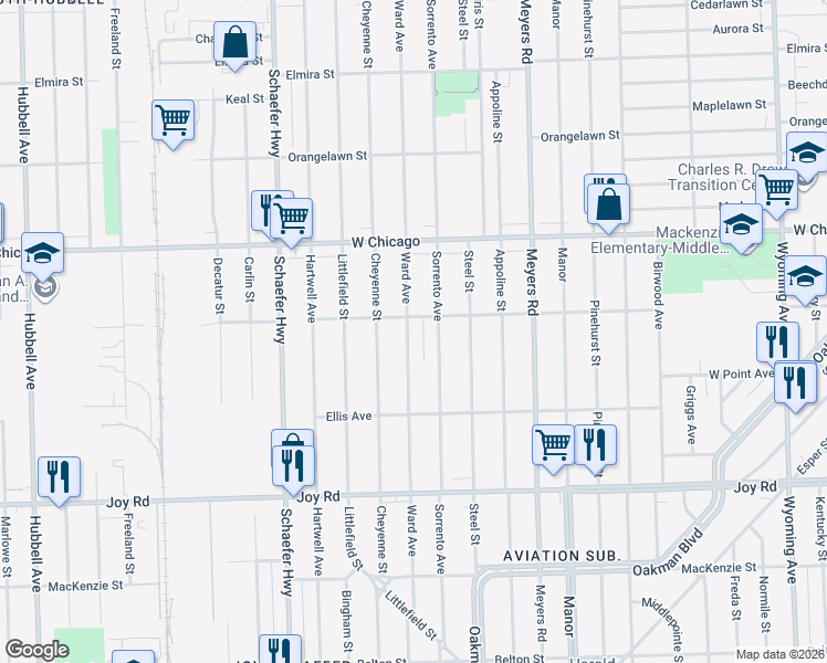 map of restaurants, bars, coffee shops, grocery stores, and more near 9251 Sorrento Avenue in Detroit