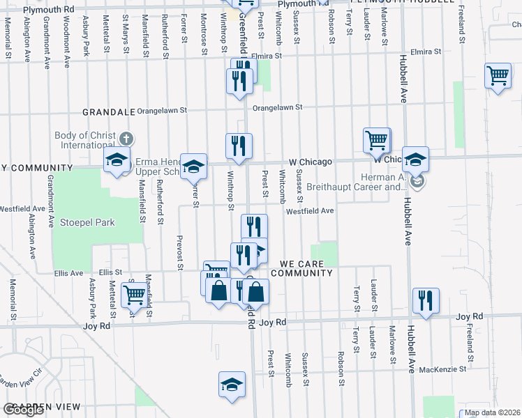 map of restaurants, bars, coffee shops, grocery stores, and more near 9212 Prest Street in Detroit