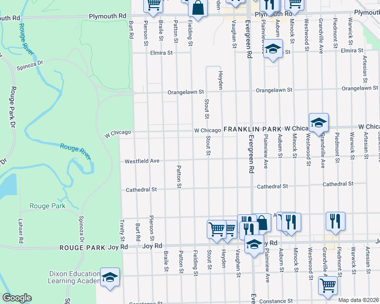 map of restaurants, bars, coffee shops, grocery stores, and more near 9310 Fielding Street in Detroit