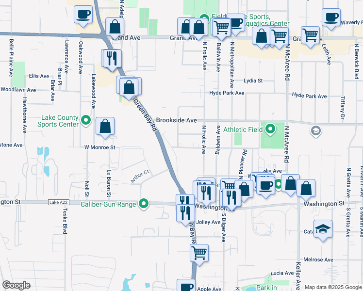 map of restaurants, bars, coffee shops, grocery stores, and more near 2911 West Monroe Street in Waukegan