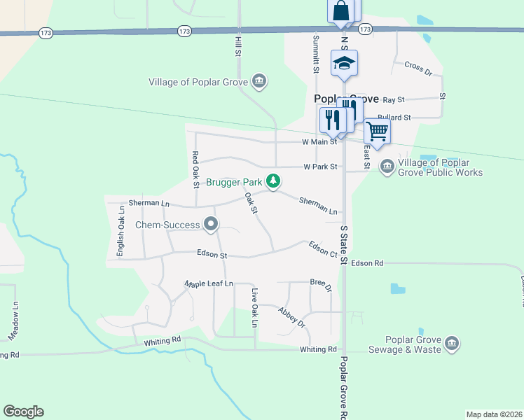 map of restaurants, bars, coffee shops, grocery stores, and more near 306 Oak Street in Poplar Grove