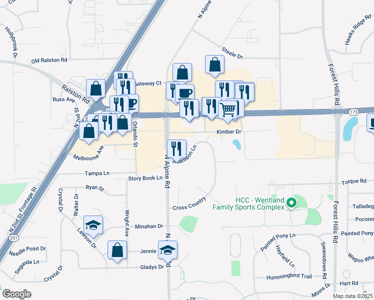 map of restaurants, bars, coffee shops, grocery stores, and more near 9721 North Alpine Road in Machesney Park