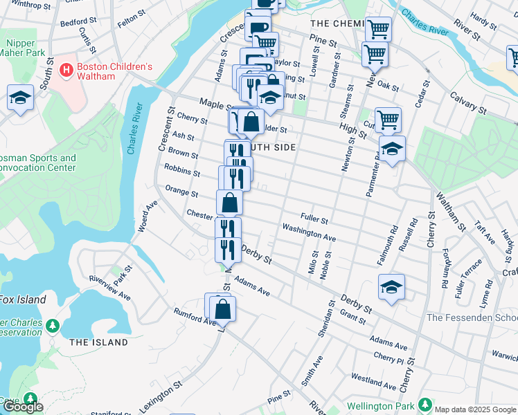 map of restaurants, bars, coffee shops, grocery stores, and more near 16 Washington Avenue in Waltham