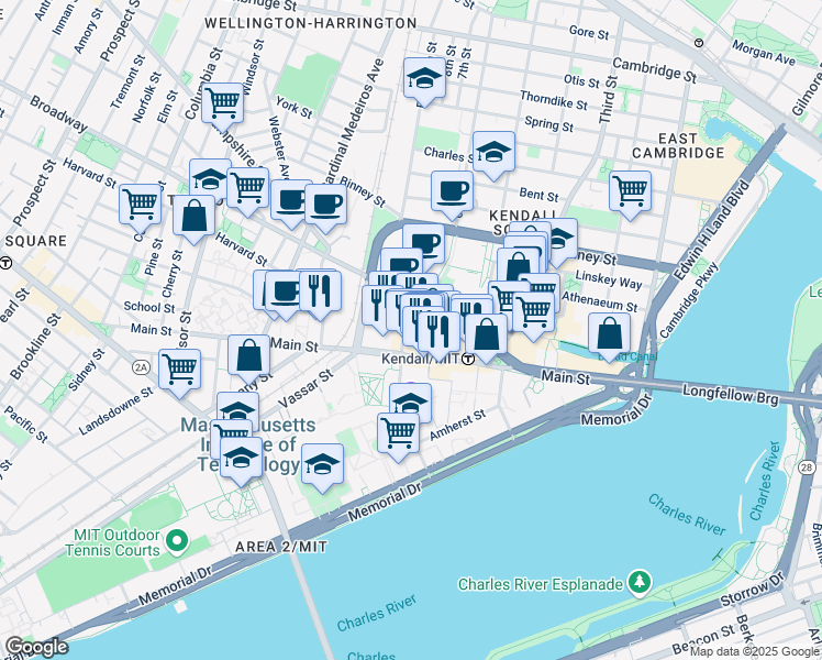 map of restaurants, bars, coffee shops, grocery stores, and more near 88 Ames Street in Cambridge