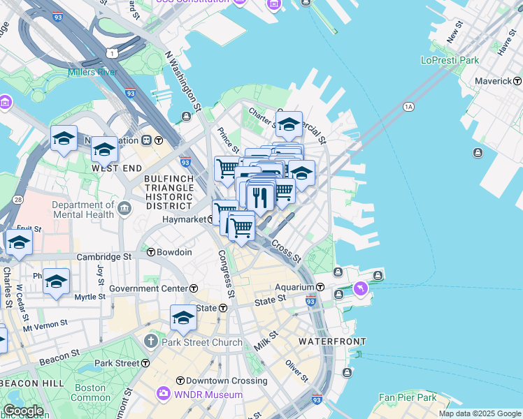 map of restaurants, bars, coffee shops, grocery stores, and more near 252 Hanover Street in Boston