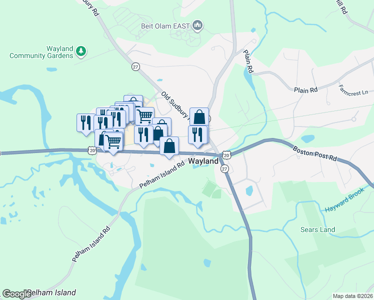 map of restaurants, bars, coffee shops, grocery stores, and more near 260 Boston Post Road in Wayland