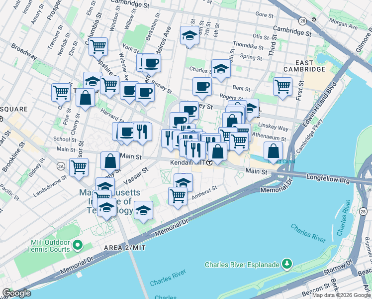 map of restaurants, bars, coffee shops, grocery stores, and more near in Cambridge