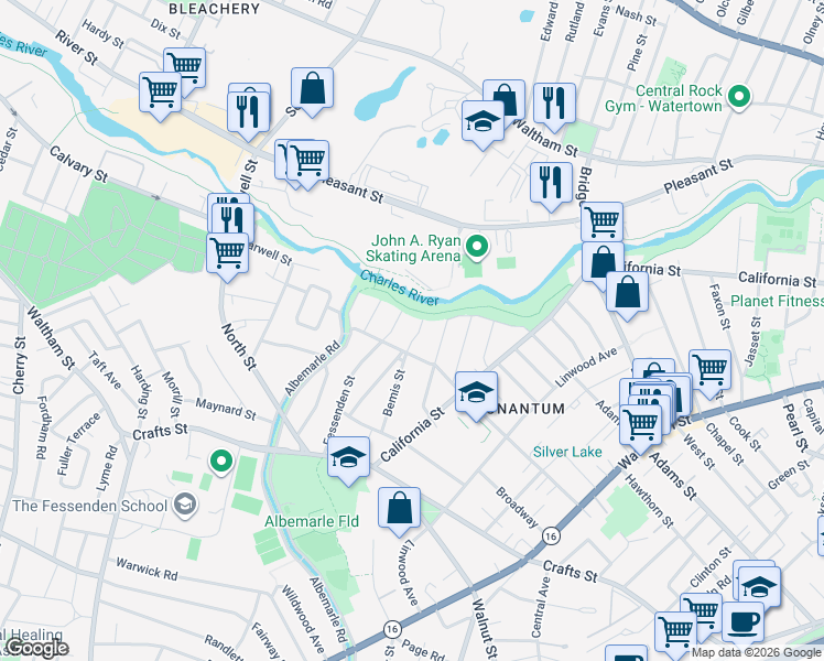 map of restaurants, bars, coffee shops, grocery stores, and more near 86 Bemis Street in Newton