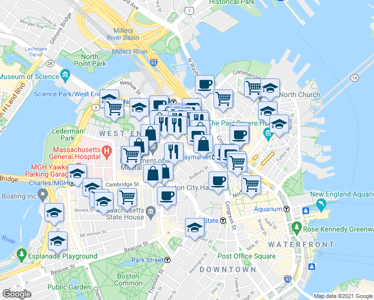 map of restaurants, bars, coffee shops, grocery stores, and more near Merrimac Street in Boston