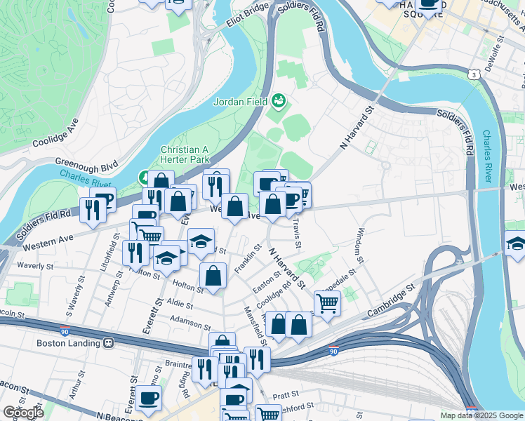 map of restaurants, bars, coffee shops, grocery stores, and more near 219 Western Avenue in Boston