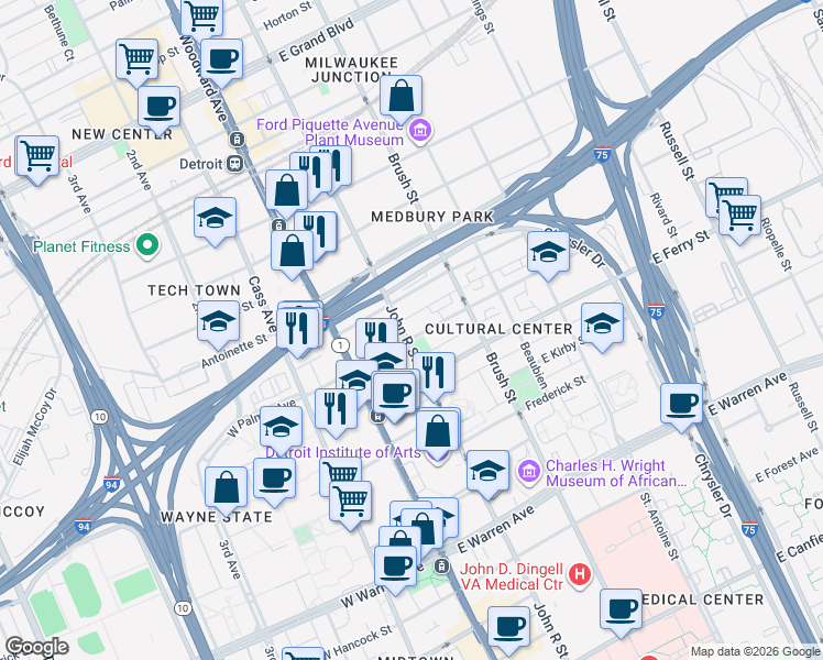 map of restaurants, bars, coffee shops, grocery stores, and more near 5710 John R Street in Detroit