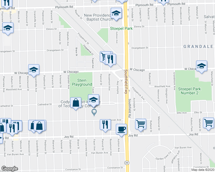 map of restaurants, bars, coffee shops, grocery stores, and more near 9303 Rosemont Avenue in Detroit