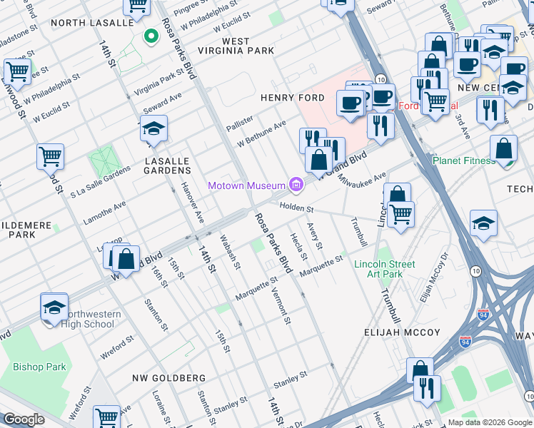 map of restaurants, bars, coffee shops, grocery stores, and more near 1820 Ferry Park Street in Detroit