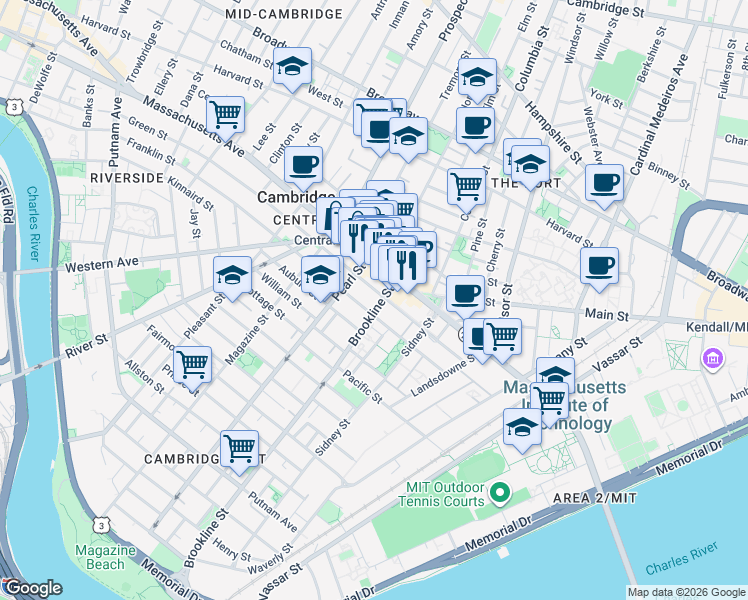 map of restaurants, bars, coffee shops, grocery stores, and more near 172 Franklin Street in Cambridge