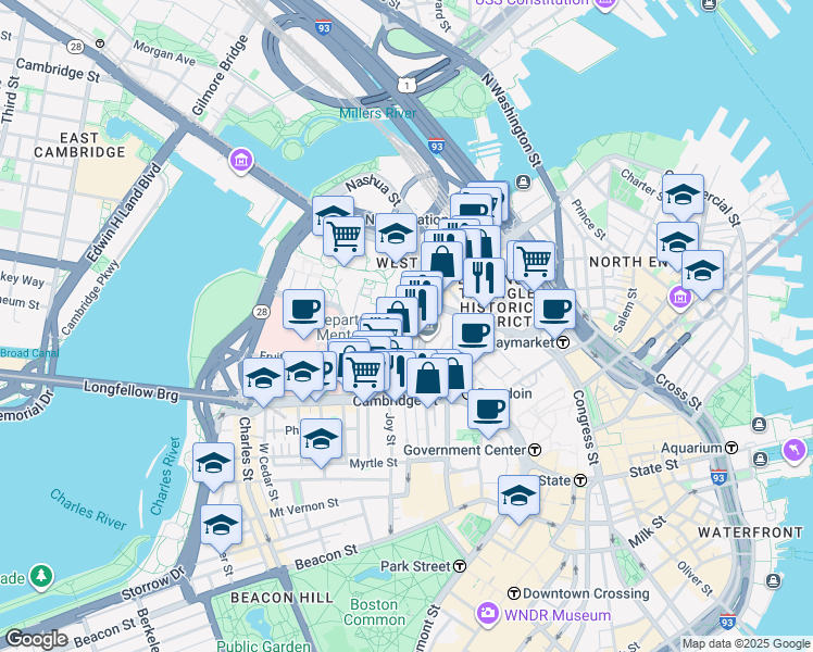 map of restaurants, bars, coffee shops, grocery stores, and more near 4 Longfellow Place in Boston