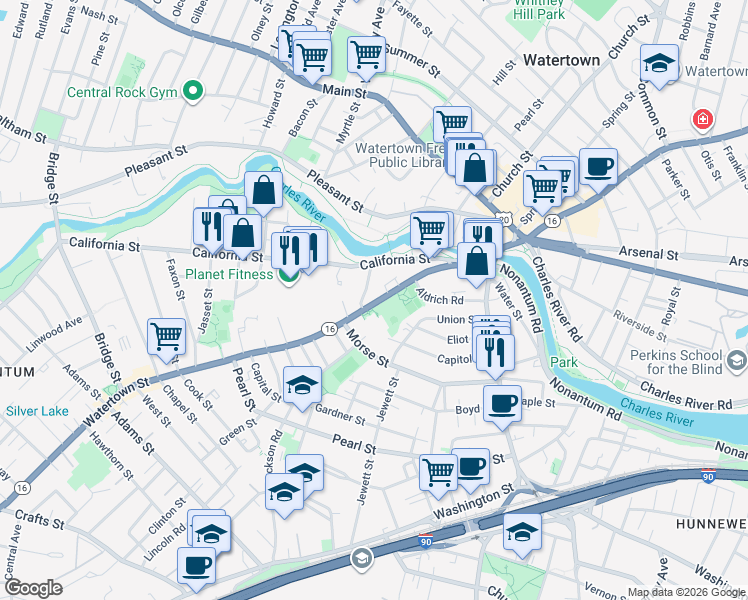 map of restaurants, bars, coffee shops, grocery stores, and more near 113 Watertown Street in Watertown