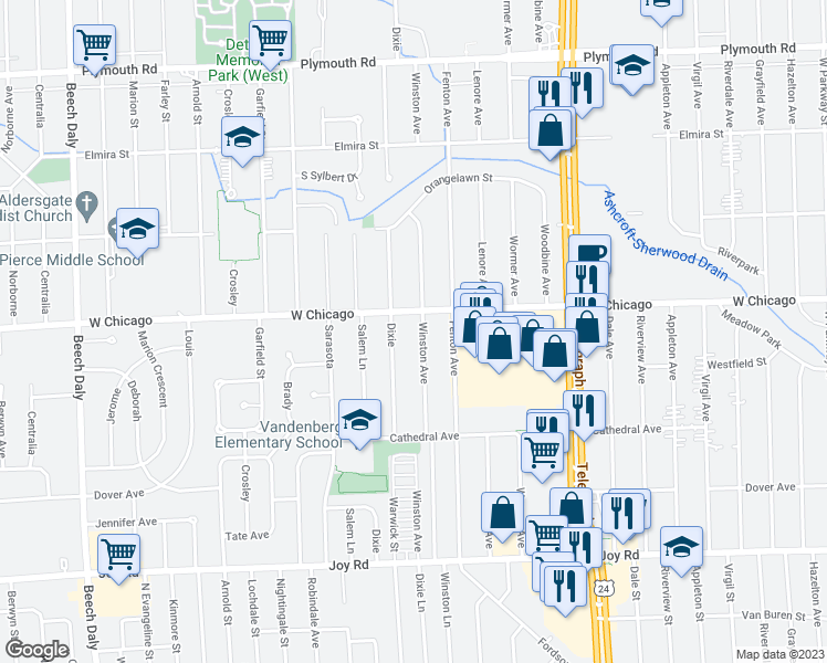map of restaurants, bars, coffee shops, grocery stores, and more near 9383 Winston in Redford Charter Township