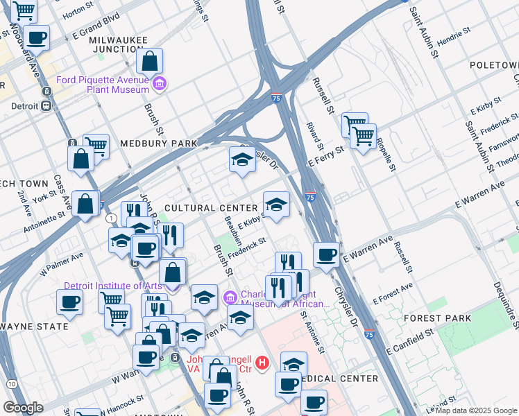 map of restaurants, bars, coffee shops, grocery stores, and more near 609 East Kirby Street in Detroit