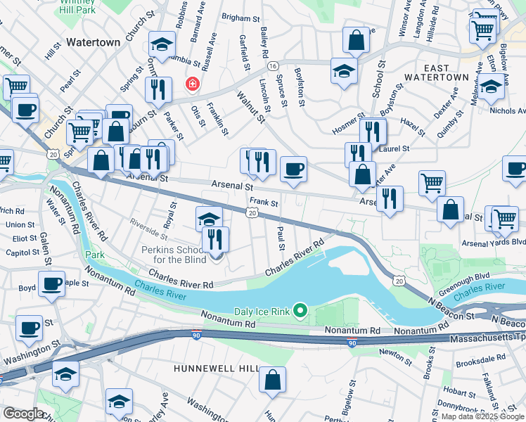 map of restaurants, bars, coffee shops, grocery stores, and more near 231 North Beacon Street in Watertown