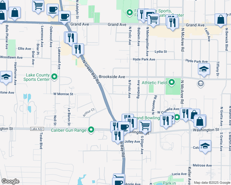 map of restaurants, bars, coffee shops, grocery stores, and more near 2911 West Monroe Street in Waukegan