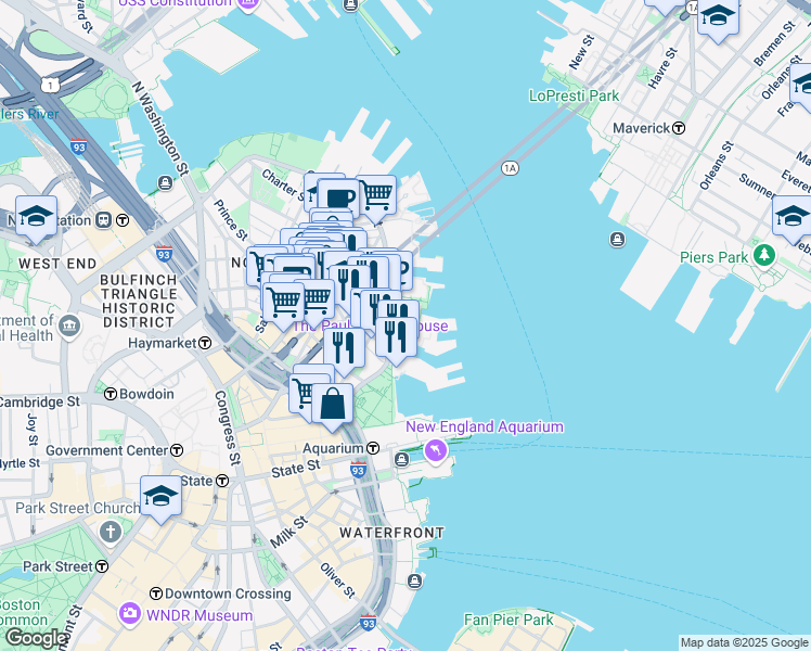 map of restaurants, bars, coffee shops, grocery stores, and more near 34-38 Atlantic Avenue in Boston