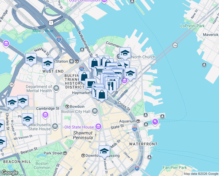 map of restaurants, bars, coffee shops, grocery stores, and more near 36 Salem Street in Boston