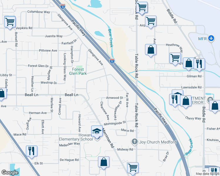map of restaurants, bars, coffee shops, grocery stores, and more near 124 Shadow Wood Court in Central Point