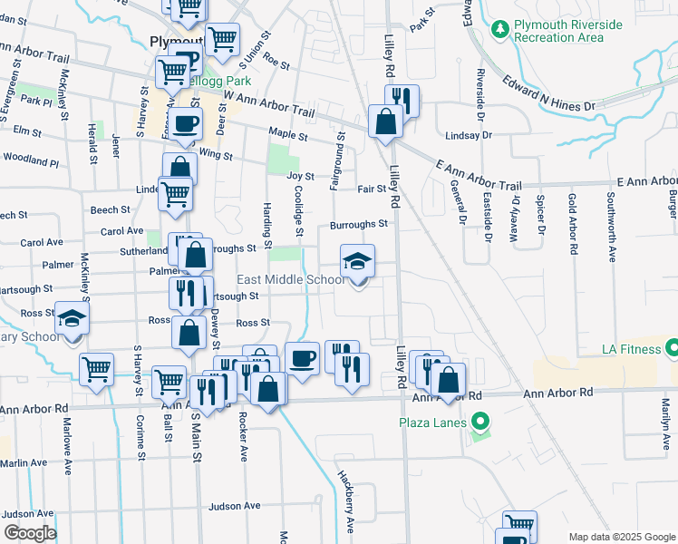 map of restaurants, bars, coffee shops, grocery stores, and more near 26 East Middle School in Plymouth